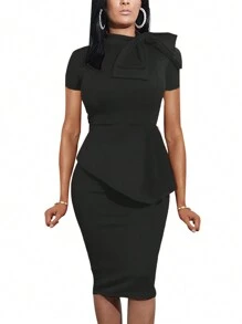 女士短袖連身裙,帶蝴蝶結裝飾 - 黑色 - 查看 1