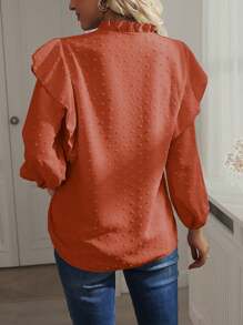 SHEIN LUNE 女士蕾絲拼接v領長袖襯衫 - 珊瑚橙 - 查看 2