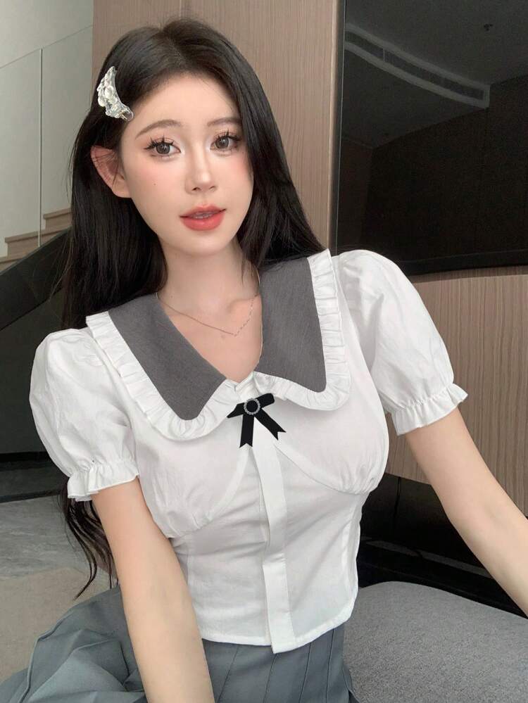 Ladies' Color Block Collar Puff Sleeve Shirt