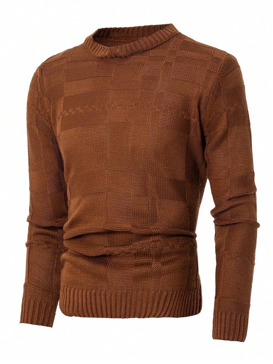 SHEIN Cottnline Men's Solid Color Crewneck Casual Sweater - Brown - View 1
