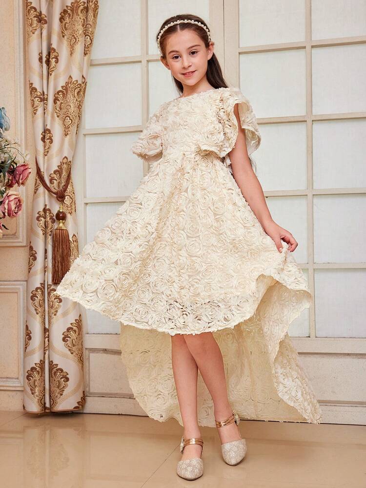 Tween Girl's Gorgeous Flower Applique Round Neck Asymmetrical Hem Dress