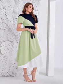 Modelyn Của phụ nữ Khối màu Đứng cổ áo Ống tay áo Đầm - màu xanh lá - Xem 4