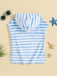 Baby Jungen Cartoon Krabben-muster Blau & Weiß Gestreift Kapuzen-ärmelloses Einteiler-schwimmanzug