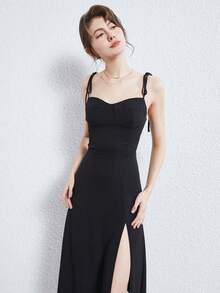 Elegant Solid Color Waist Cinched Split Front Spaghetti Strap Dress - Black - View 8