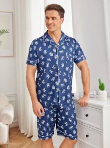 Men's Casual Homewear Set With Letter Print - Blue - View 3