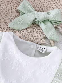 Body dla dziewczynki Baby Patchwork Koronkowe Okrągłe Dekolt Krótkie Bufiaste Rękawy - Zielony - Zobacz 3