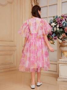 SHEIN Leap Crew Tween Girls' Cute Floral Print Mesh Dress With Round Neckline, Exaggerated Ruffle Sleeves - Multicolor - View 5