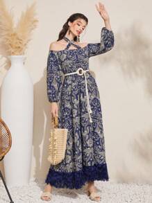 Al Najma Full Print Crisscross Halter Lantern Sleeve Fuzzy Hemline Dress, Belt Not Included - Blue - View 6