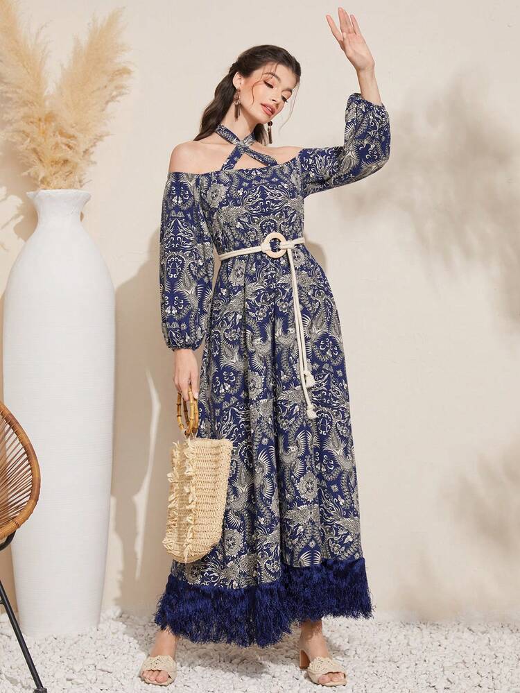Full Print Crisscross Halter Lantern Sleeve Fuzzy Hemline Dress, Belt Not Included