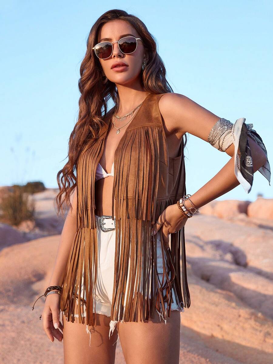 Women Spring Summer Cowgirl Festival Outfit Country Concert Holiday Outwear Casual Sexy Boho Vacation Suede Fringe Vest - Lạc đà - Xem 1