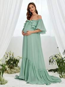 Faeriesty Dressalisa Maternity Off Shoulder Chiffon Prom Party Dress With Ruffle Design - Mint Green - View 4