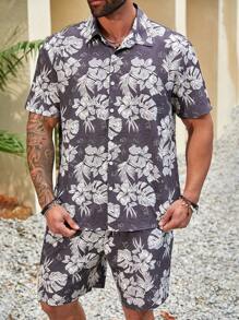 Manfinity RSRT Men's Plus Size Flower & Plant Print Shirt And Shorts Set - Multicolor - View 1