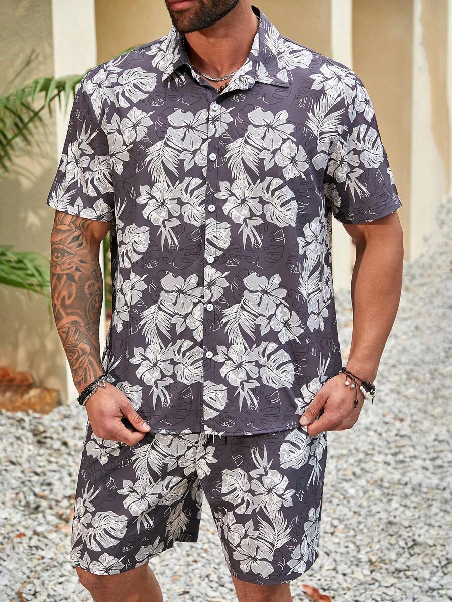 Manfinity RSRT Men's Plus Size Flower & Plant Print Shirt And Shorts Set - Multicolor - View 1