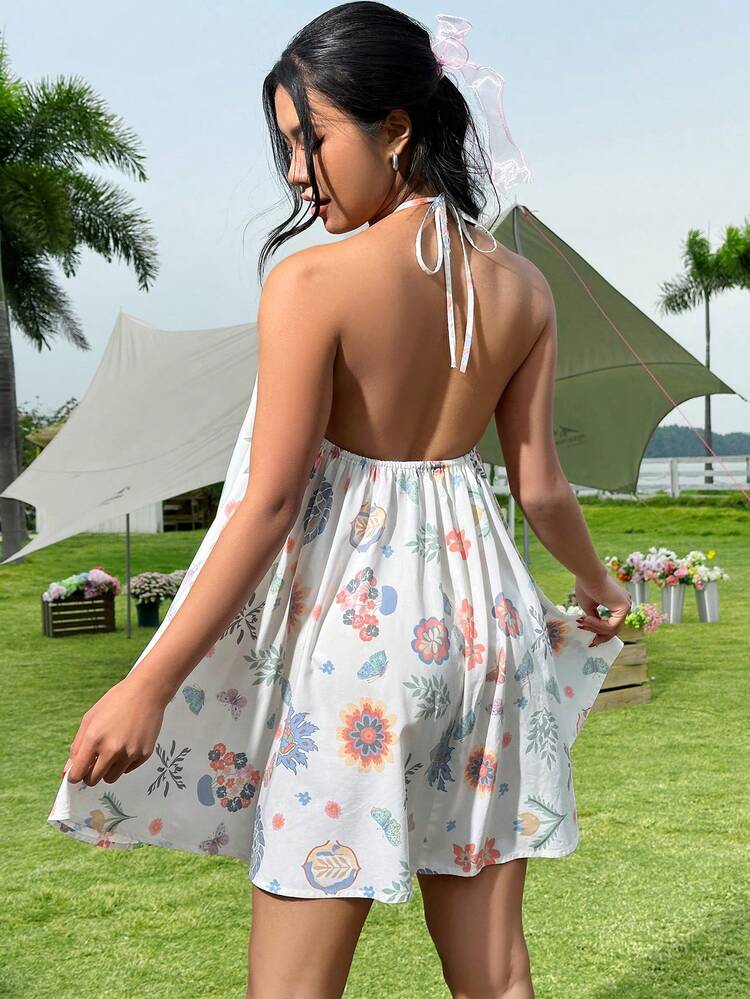Floral Print Halter Backless Loose Dress