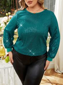 Allurite Chemise À Manches Longues Scintillante À Col Rond Pour Femmes Grande Taille