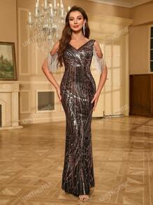 Sequin Tassel Accent Fish Tail Hem Dress