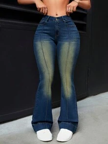 SHEIN ICON 女式復古修身喇叭牛仔褲 - 藍色 - 查看 5