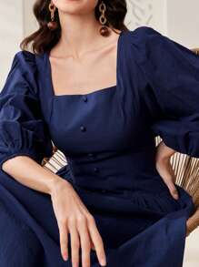 Mulvari Vestido De Manga De Linterna Con Cuello Cuadrado De Estilo Árabe Para Mujer - Azul Marino - Ver 6