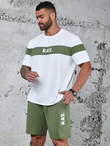 Manfinity Homme 男士加大號彩色拼接字母印花t恤和短褲套裝 - 白色 - 查看 4