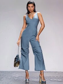 SHEIN BAE Spring/Summer High Waist Pleated Wide Leg Jumpsuit For Casual And Versatile Look - Grey - View 3