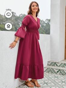 Mulvari Burgundy Red Women's Contrast Lace Waist Shirred Trumpet Sleeve Arabian Dress - Burgundy - View 2