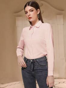 Mulvari Camisa de manga larga lisa de oficina para mujer - Rosa Pálido - Ver 3