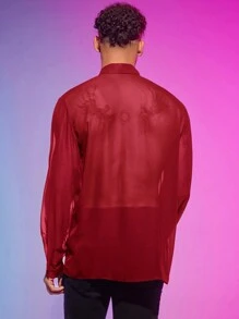 Manfinity Fever City Men Tie Neck Button Front Sheer Shirt - Red - View 2