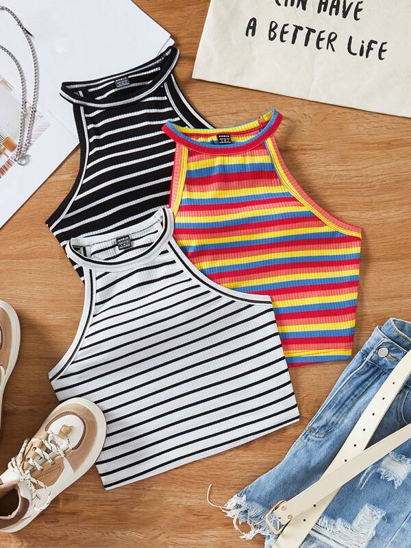 SHEIN EZwear Summer 3pcs/Set Knitted Striped Halter Tight Top With Color-Blocking Design