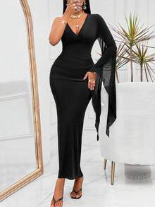 交叉露背開衩袖褶邊緊身洋裝 - 黑色 - 查看 3