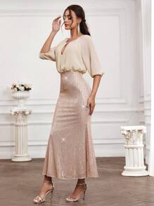 SHEIN BAE Vestido De Dama De Honra Com Patchwork Brilhante, Bainha De Sereia E Mangas De Lanterna - Champagne - Ver 3