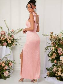 SHEIN Unity Tie Strap Ruched Bust Split Dress - Pink - View 2