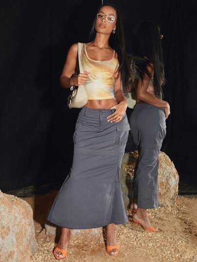 SHEIN BAE Solid Color Utility Pocket Detachable-Zipper Decorated Skirt For Women, Spring & Summer Gray Long Skirt, Everyday & Casual