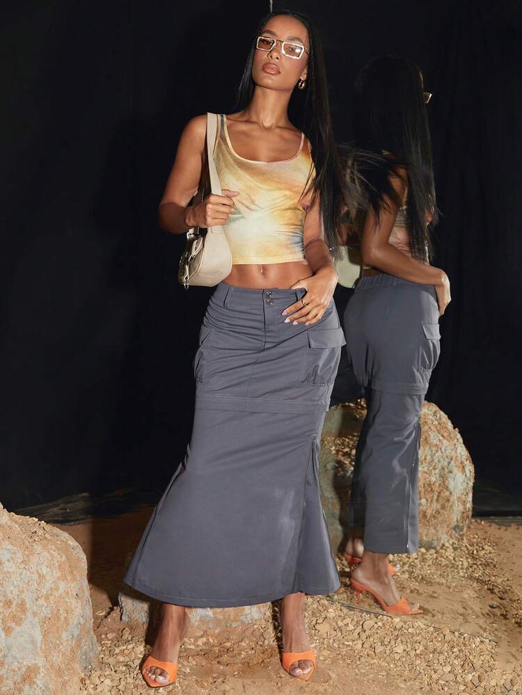Solid Color Utility Pocket Detachable-Zipper Decorated Skirt For Women, Spring & Summer Gray Long Skirt, Everyday & Casual