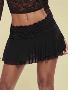 SHEIN BAE Lace Paneled Ballet Style Ruffled Mini Skirt,Ladies Casual,Sexy Ruched,Ruffle Hem Mini Skinny Ultra Low Waist Black Plain Women Skirts,Spring/Summer,Casual Daily Wear