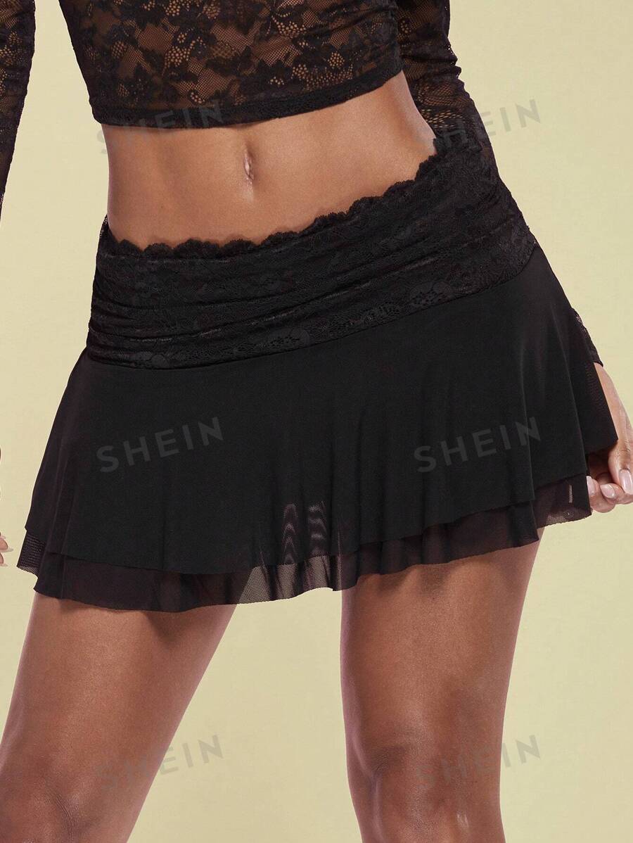 SHEIN BAE Minifalda con paneles de encaje y volantes al estilo ballet, faldas de mujer casual, sexy con pliegues, falda mini con bajo con volantes, cintura ultra baja, liso negro, apta para uso diario casual en primavera/verano - Negro - Ver 1