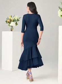 Modelyn Vestido ajustado y ampón de unicolor con cuello en V, dobladillo con volante y vestido de cola de pez para vestidos largos de noche - Azul Marino - Ver 2