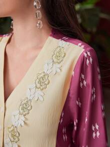 Al Najma 女款色塊印花拼接裙,帶主教袖和刺繡裝飾