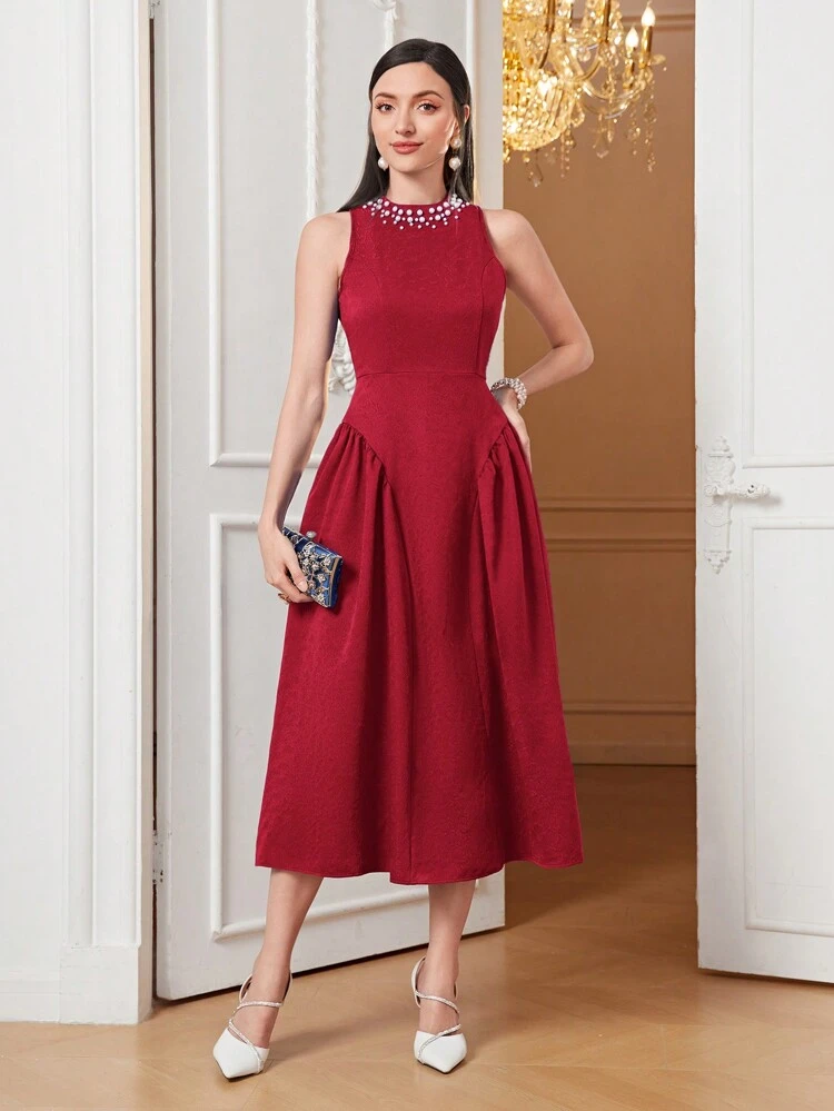 Burgundy Red Women's Sleeveless Beaded Decor Waist-Cinching Dress Long Evening Dresses