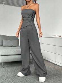 Flirla 純色抹胸&闊腿褲 - 深灰色 - 查看 5