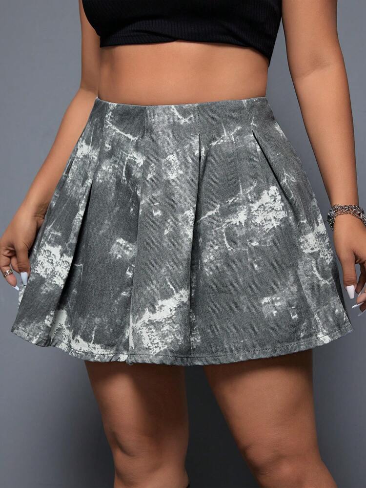 Plus Size Tie Dye & Pleated Denim Skirt