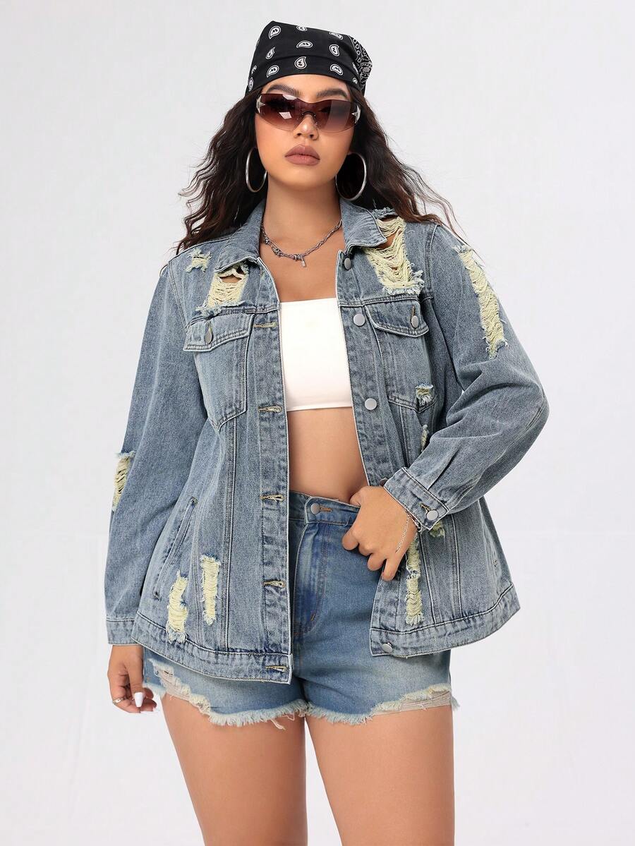 SHEIN ICON Chaqueta De Mezclilla De Talla Grande Rasgada Con Bolsillo De Solapa Y Detalles Desgastados - Azul - Ver 1