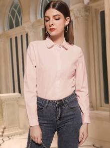 Mulvari Camisa de manga larga lisa de oficina para mujer - Rosa Pálido - Ver 6