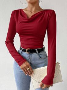 Chiquease Solid Color V-Neck Slim Fit Long Sleeve T-Shirt