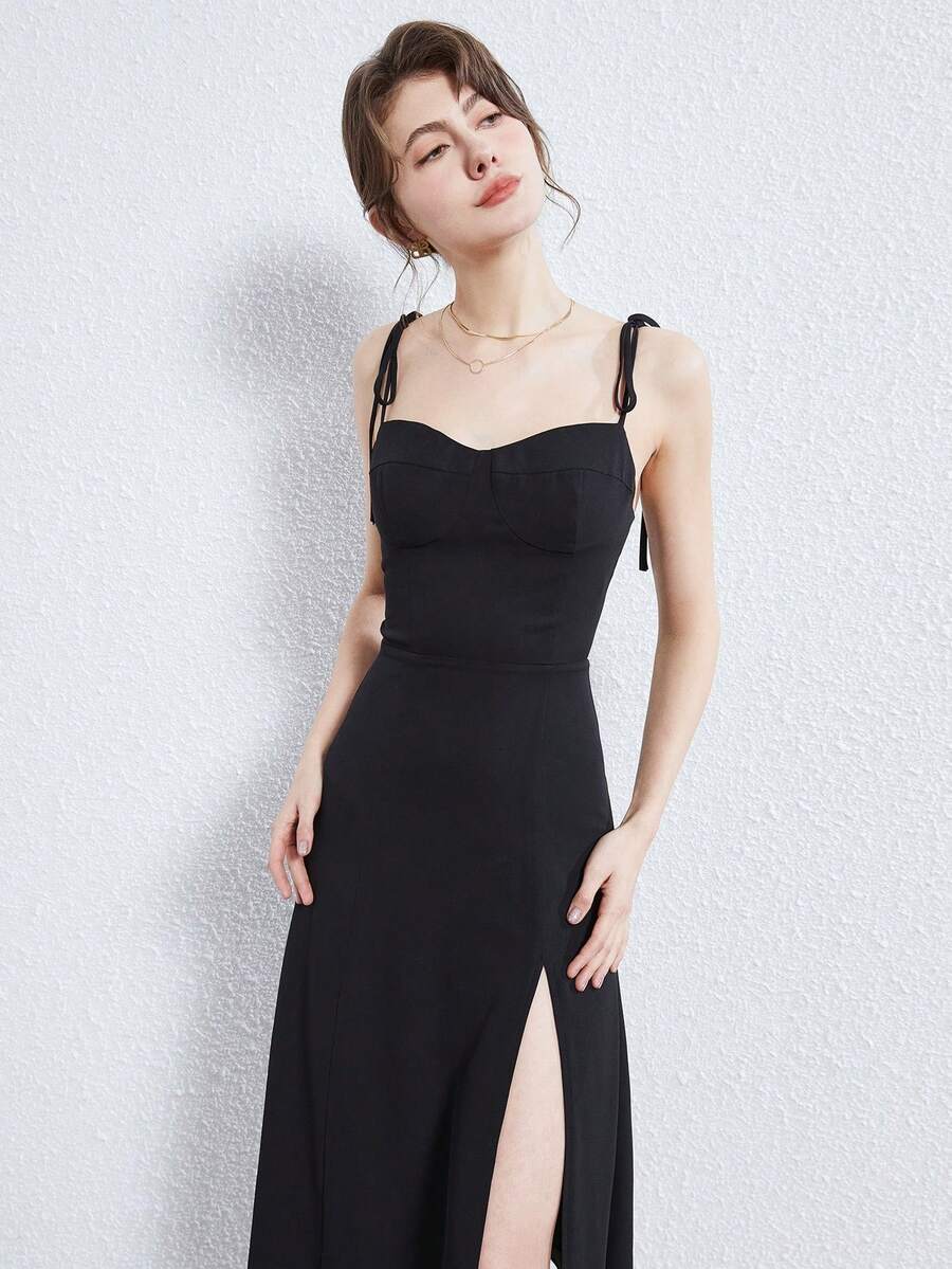 Elegant Solid Color Waist Cinched Split Front Spaghetti Strap Dress