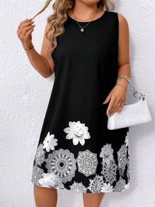 SHEIN LUNE Vestido Sin Mangas De Talla Grande Con Estampado De Flores - Blanco y Negro - Ver 6