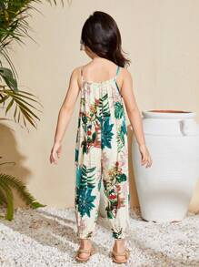 SHEIN Young Girl Woven Tropical Plant Print Loose Casual Vacation Cami Jumpsuit - Beige - View 2