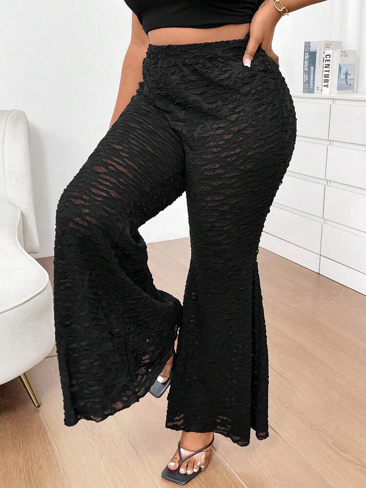 Plus Size Solid Color Textured Sexy Flared Pants Fall Cloth For Women