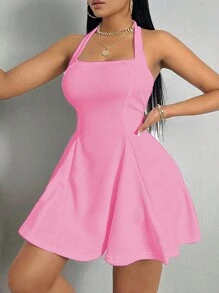 Zolique Của phụ nữ Màu thuần Halter Neck Đầm - Hồng - Xem 4
