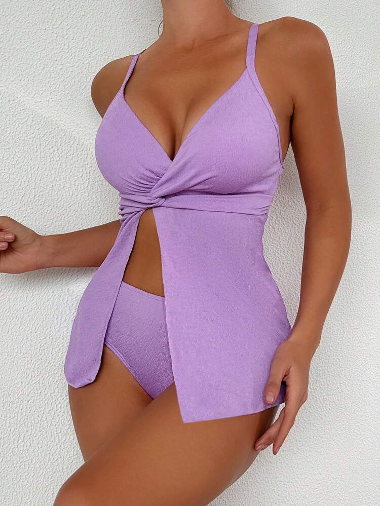 Summer Solid Color Twisted Front Split Hem Cami Top