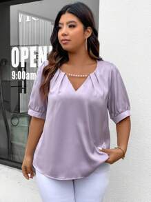 SHEIN Privé 大尺碼純色假珍珠裝飾短袖衫 - 淡紫色 - 查看 5